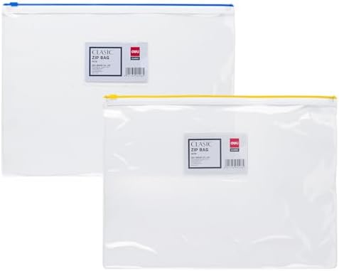 Playzokids Deli A4 PVC zip bag showing clear plastic with zipper closure and labeled compartments for organizing documents.