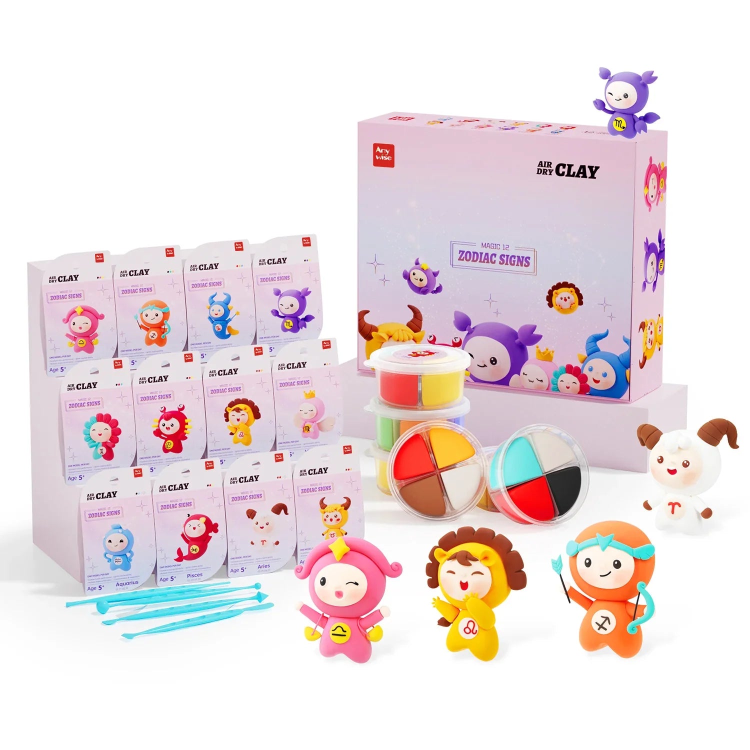Playzokids air dry clay zodiac signs set with 12 light, soft, non-toxic modeling clay pieces for kids, featuring star and symbol designs.