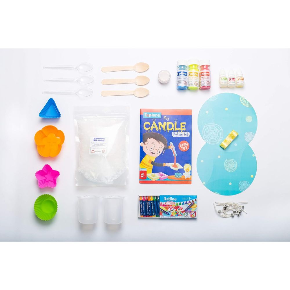 Explore My Candle Making Lab DIY kit with colorful wax, wicks, and tools for kids to create their own candles at home.