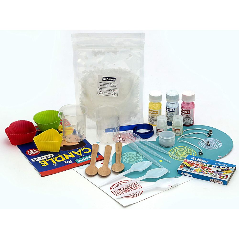 Explore My Candle Making Lab DIY kit for kids, featuring colorful wax, wicks, and tools for educational candle craft activities.