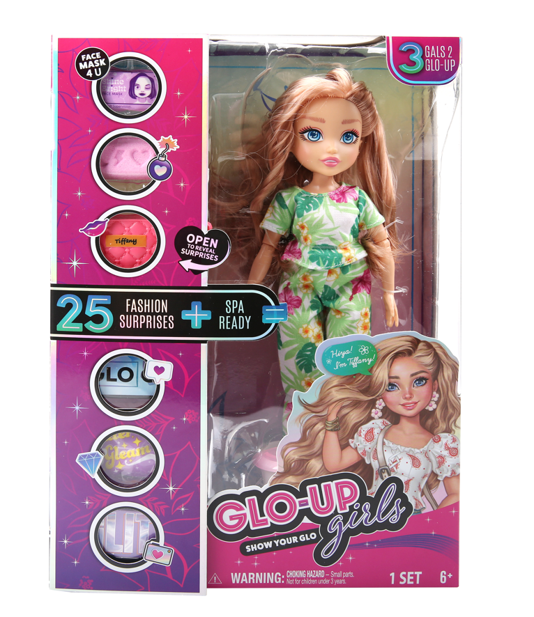 Playzokids GLO UP GIRLS Doll with 25 fashion surprises and spa accessories, featuring colorful doll and playful packaging.