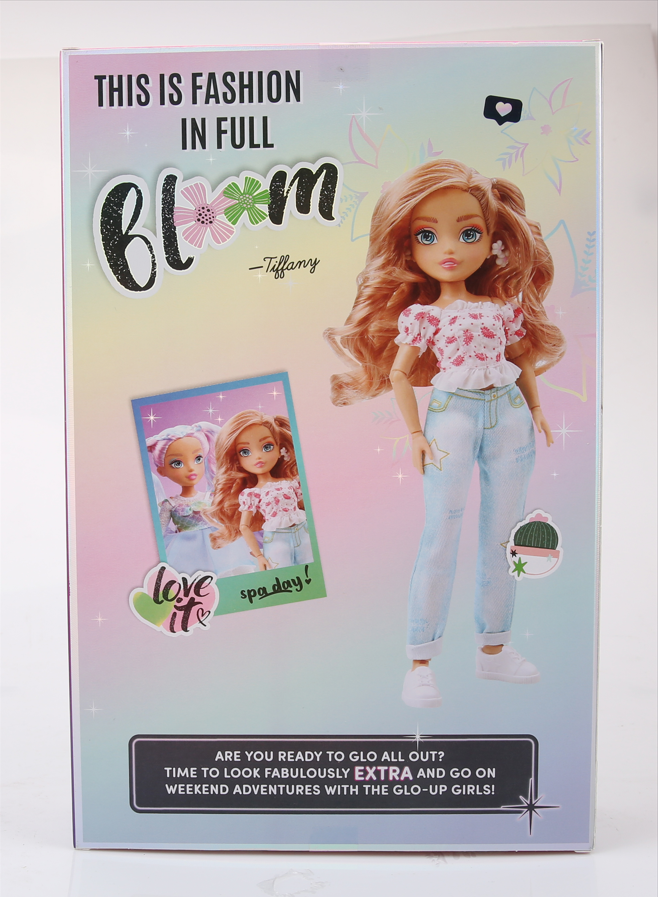 Playzokids Far Out Toys GLO-UP Girls Tiffany doll with colorful outfit and accessories, showcasing a vibrant, fun fashion style.
