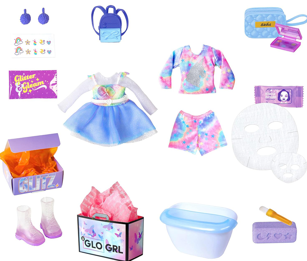 Playzokids GLO UP GIRLS Sadie doll with 25 fashion surprises and spa accessories, showcasing the doll's stylish outfit and accessories.
