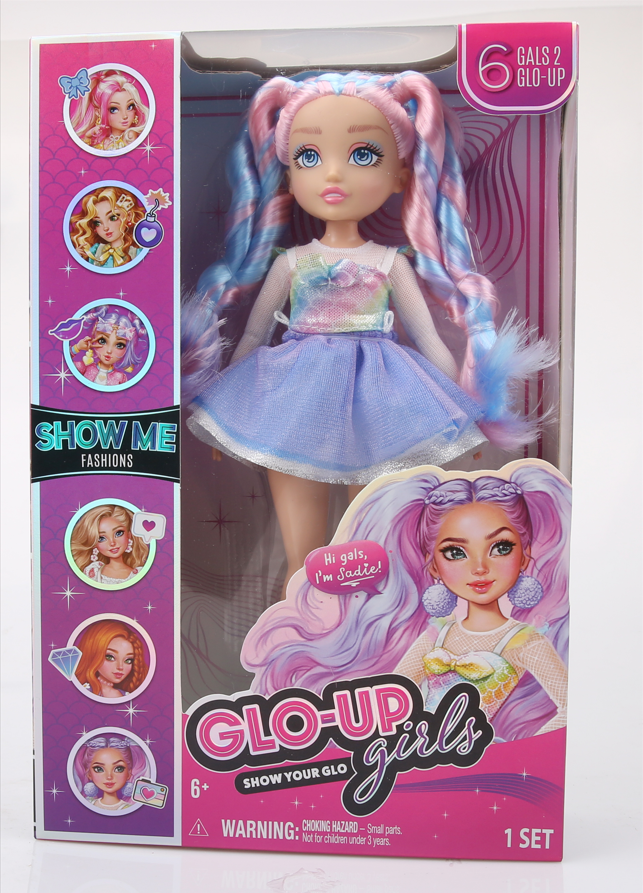 Playzokids Far Out Toys GLO-UP Girls Sadie doll with colorful outfit and accessories, showcasing a fun, trendy fashion style.