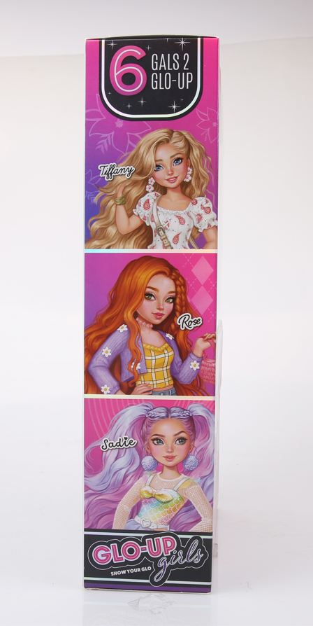 Playzokids Far Out Toys GLO-UP Girls Sadie doll with colorful outfit and styled hair, showcasing her playful and fashionable look.