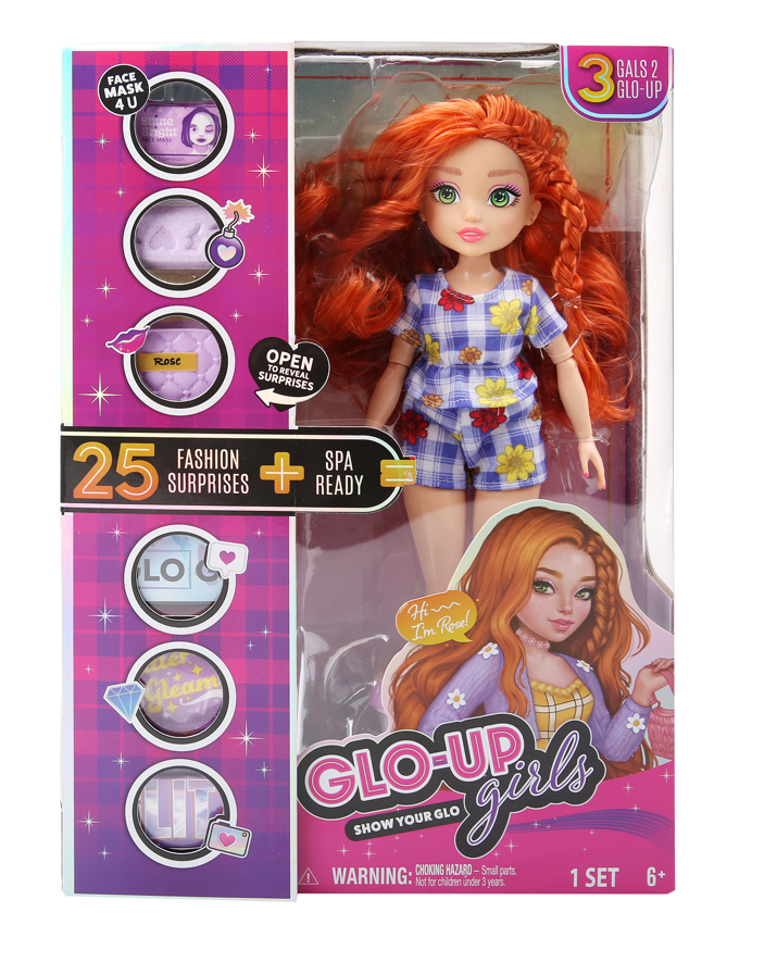 Playzokids GLO UP GIRLS doll with 25 fashion surprises and spa accessories, featuring a rose-themed design.