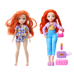 Playzokids GLO UP GIRLS Doll with pink outfit, surrounded by 25 fashion surprises and spa accessories in vibrant packaging.