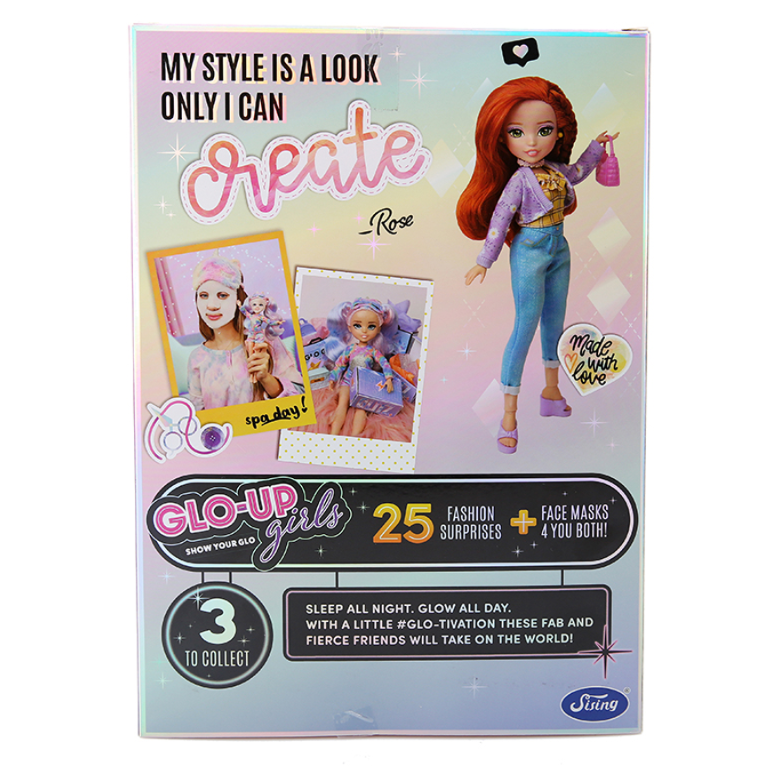 Playzokids GLO UP GIRLS doll with pink hair, wearing a spa robe and accessories, surrounded by 25 fashion surprises.