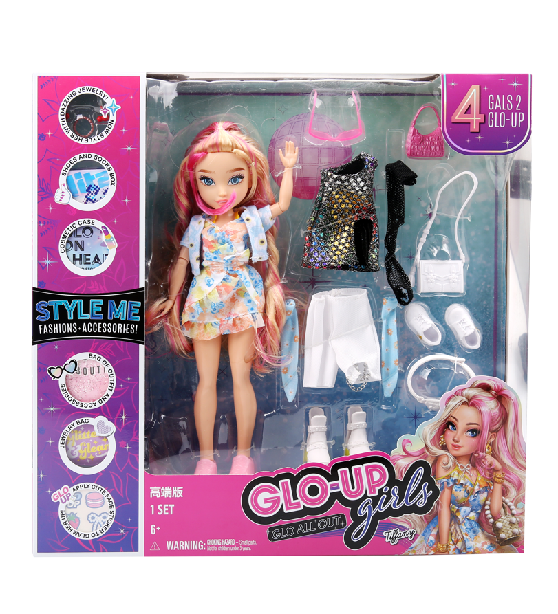 Playzokids GLO UP GIRLS Tiffany fashion doll with colorful outfit and stylish accessories, showcasing vibrant doll details.