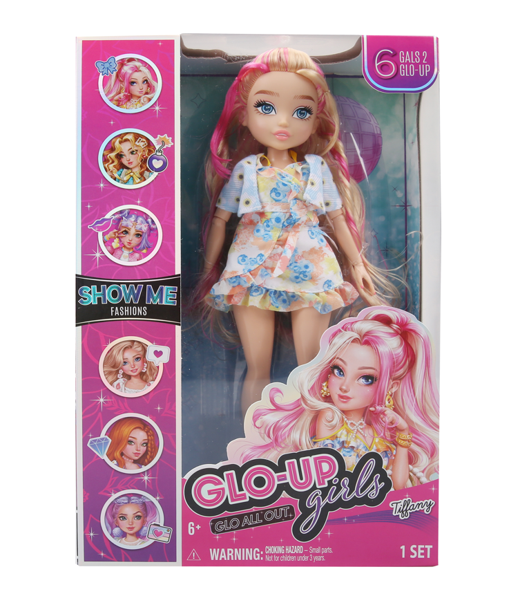 Playzokids Far Out Toys GLO-UP Girls Tiffany doll with colorful outfit and accessories, showcasing vibrant fashion and playful style.