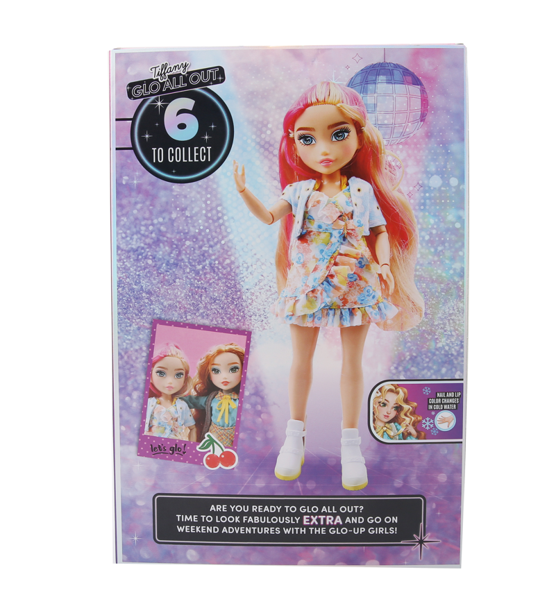 Playzokids Far Out Toys GLO-UP Girls Tiffany doll with colorful outfit and accessories, showcasing a fun, vibrant character.