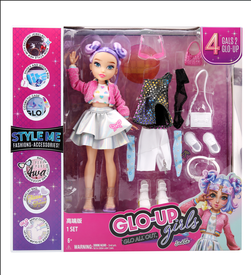 Playzokids GLO UP GIRLS Sadie fashion doll with stylish outfit and accessories, showcasing her vibrant hair and detailed features.