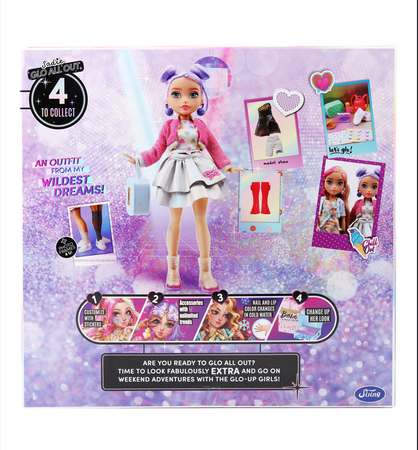 Playzokids GLO UP GIRLS Sadie fashion doll with stylish outfit, long hair, and accessories for imaginative play.