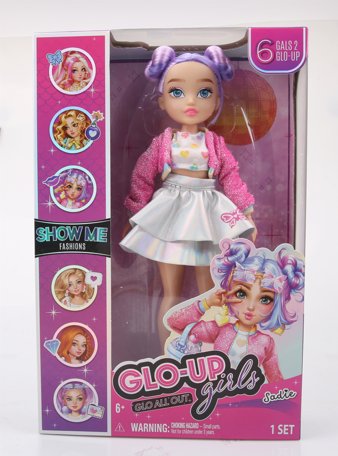 Playzokids Far Out Toys GLO-UP Girls Sadie doll with colorful outfit and styled hair, standing against a vibrant background.