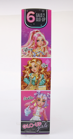 Playzokids Far Out Toys GLO-UP Girls Sadie doll with colorful outfit and styled hair, standing with accessories.