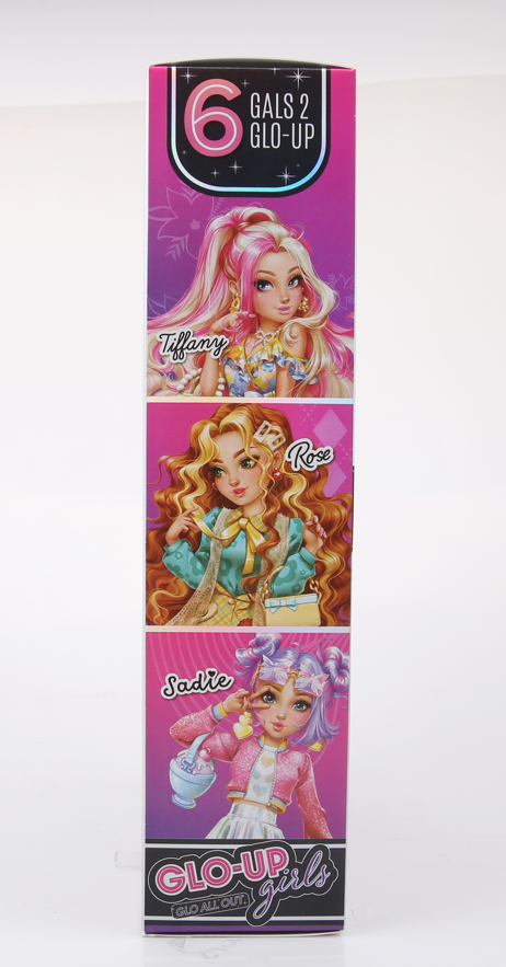 Playzokids Far Out Toys GLO-UP Girls Sadie doll with colorful outfit and styled hair, standing with accessories.