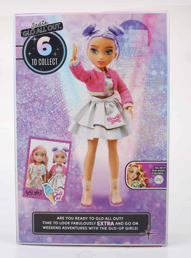 Playzokids Far Out Toys GLO-UP Girls Sadie doll with colorful outfit and styled hair, showcasing a fun, fashionable doll.