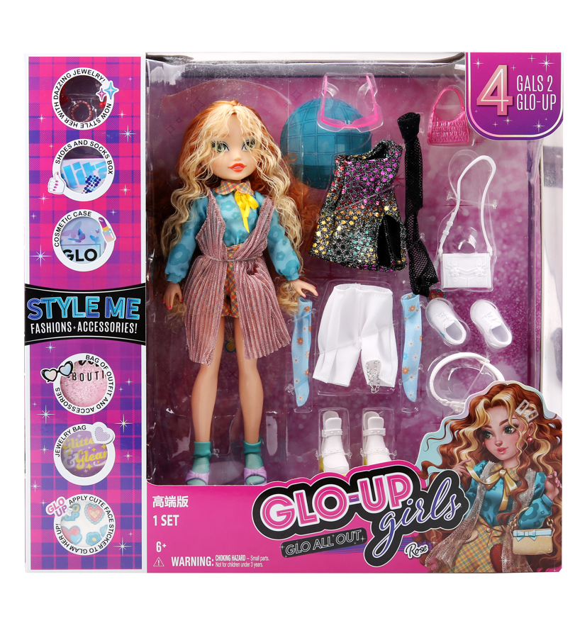 Playzokids GLO UP GIRLS Doll Deluxe Fashion Doll in rose, featuring colorful outfit and accessories, perfect for dress-up play. Main image