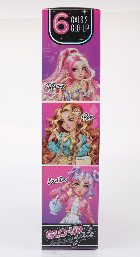 Playzokids Far Out Toys GLO-UP Girls Rose doll with colorful outfit and accessories, standing against a vibrant background.
