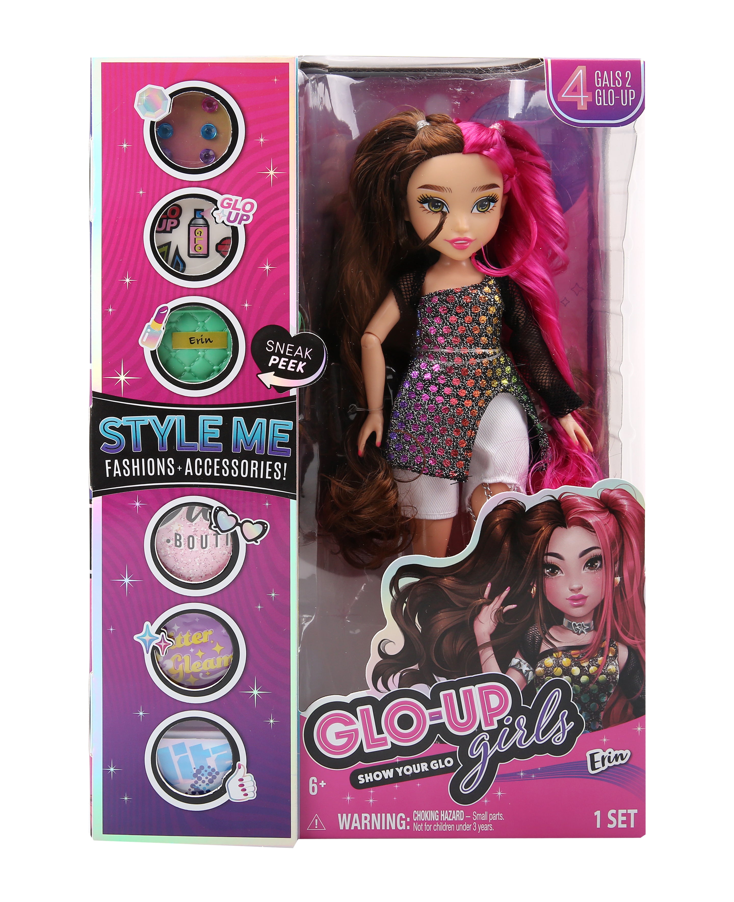 Playzokids GLO-UP Girls Erin blonde fashion doll with jewelry, hair gems, accessories, face stickers, makeup, and nails. Main image