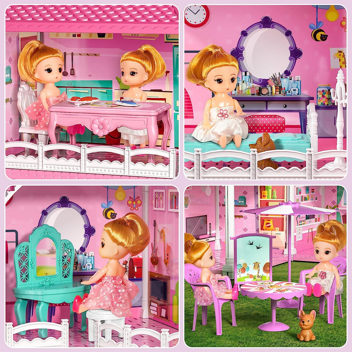 Dollhouse Playset – Large Multi-Story Pink Dream House with Slide & Furniture