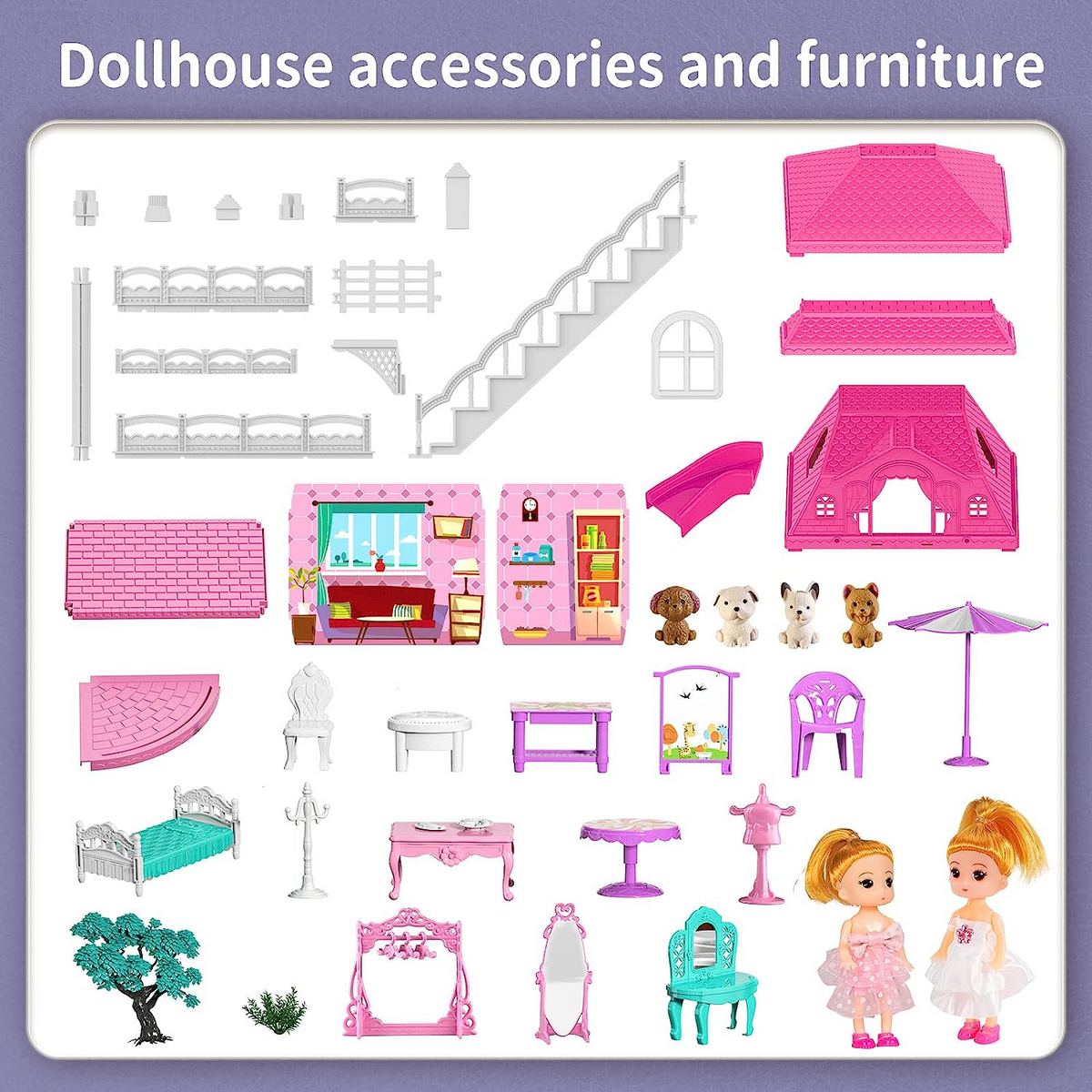 Dollhouse Playset – Large Multi-Story Pink Dream House with Slide & Furniture