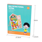 Colorful Tetris wooden puzzle toy with interlocking square pieces, designed for fun and cognitive development.