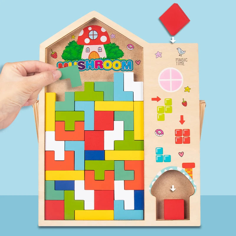 Colorful wooden Tetris puzzle toy with square pieces, designed for fun and cognitive development in children.