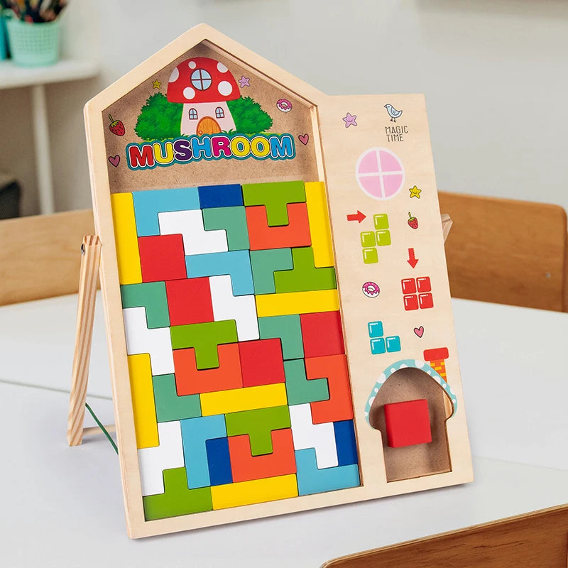 Colorful Tetris wooden puzzle toy with interlocking square pieces, designed for fun and cognitive development. Main image
