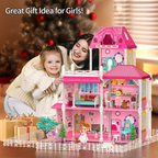 Dollhouse Playset – Large Multi-Story Pink Dream House with Slide & Furniture