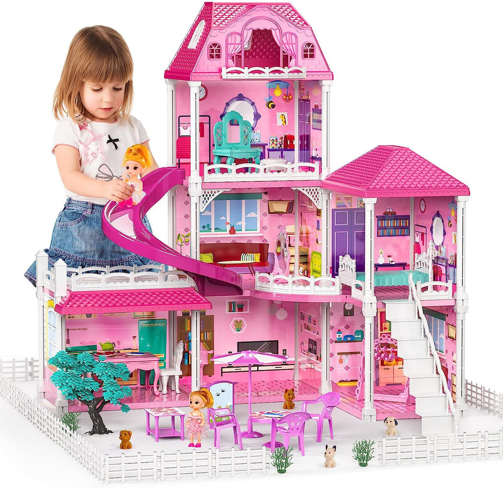 Dollhouse Playset – Large Multi-Story Pink Dream House with Slide & Furniture
