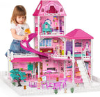 Dollhouse Playset – Large Multi-Story Pink Dream House with Slide & Furniture