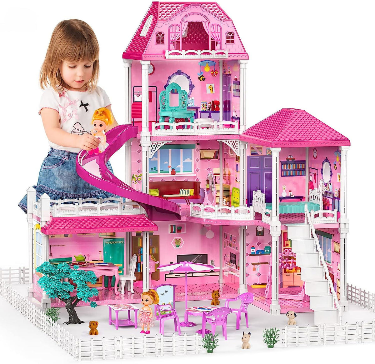 Dollhouse Playset – Large Multi-Story Pink Dream House with Slide & Furniture