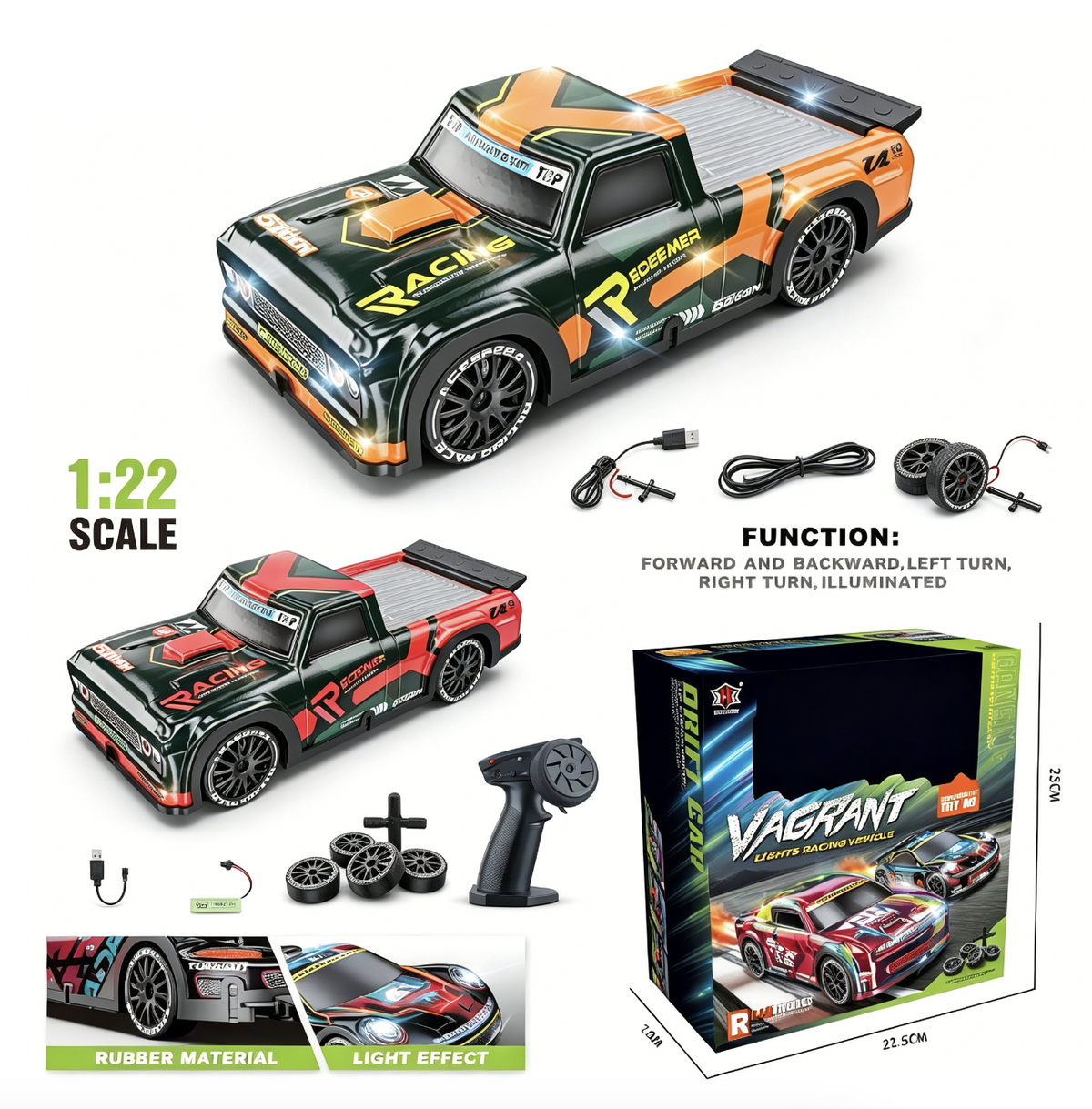 Vagrant" RC Drift Pickup Truck – 4WD w/ Extra Tires & LED Lights