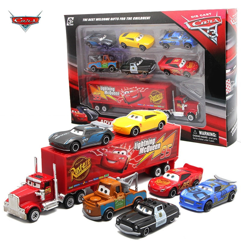 Seven-piece Disney Pixar Cars 3 toy set featuring McQueen characters, colorful plastic cars for kids' play and collection. Main image