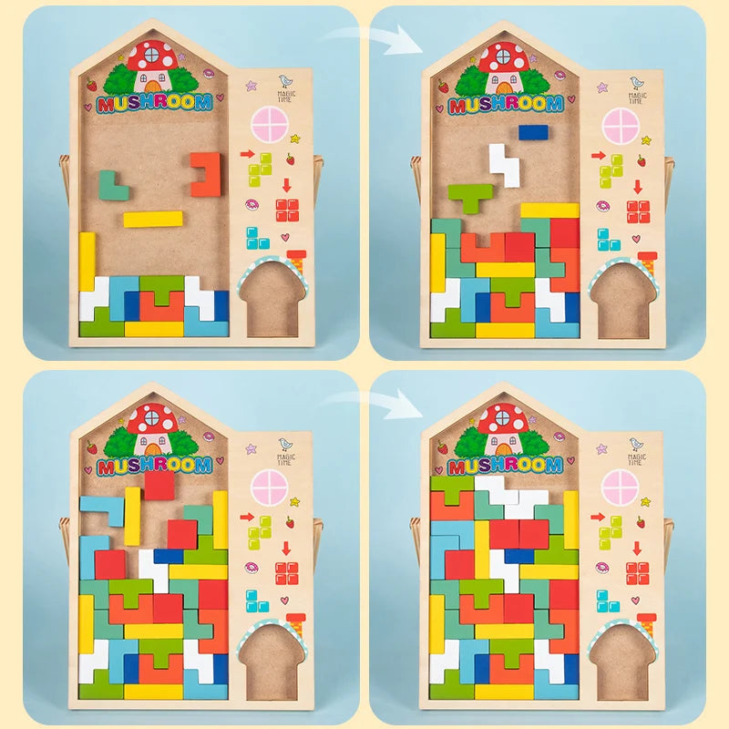 Colorful Tetris wooden puzzle toy with interconnected square pieces, perfect for children’s educational and recreational play.