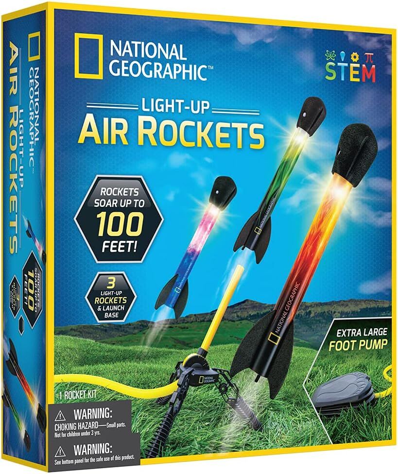 Playzokids National Geographic light-up air rockets flying outdoors with glowing effects in the night sky. Main image