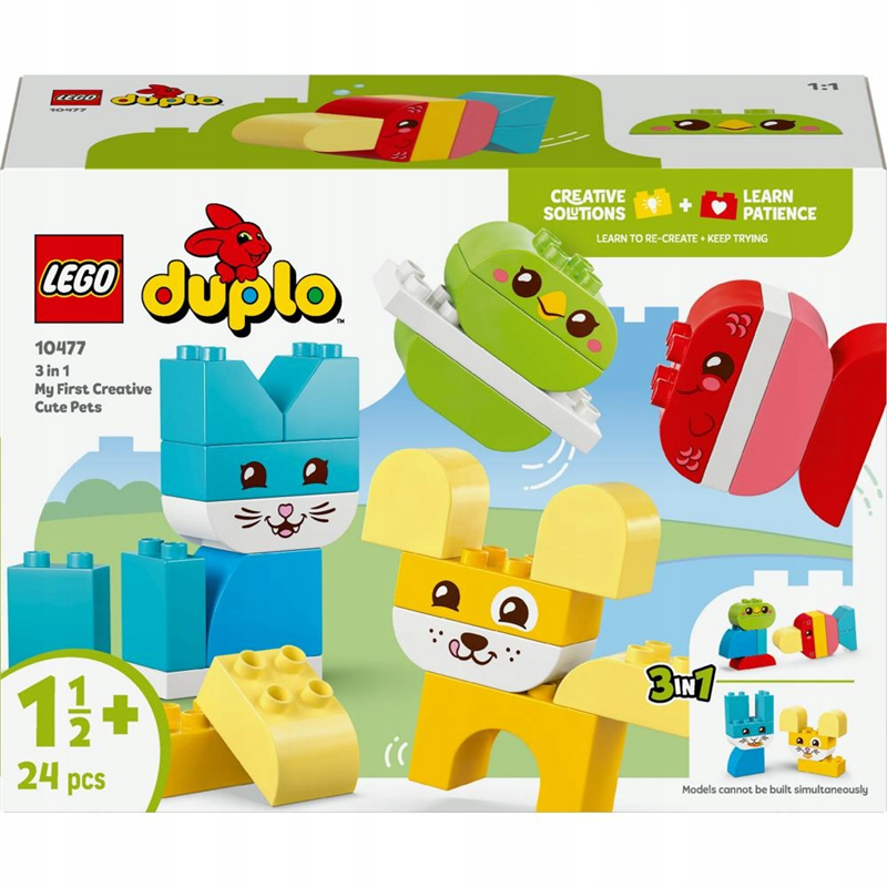 Lego 10477 3-in-1 Creative Cute Pets set with colorful Lego Duplo bricks for building adorable animal figures.