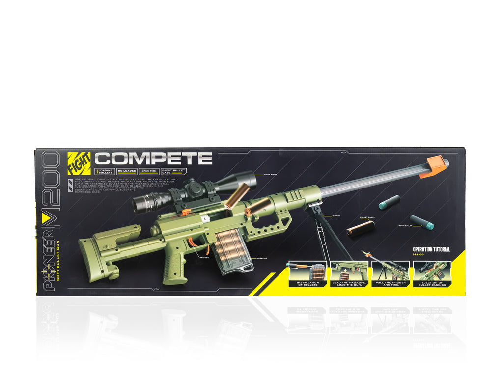 Playzokids Pioneer M-200 Soft Bullet Gun, toy blaster with colorful design and safety features for kids' outdoor play.