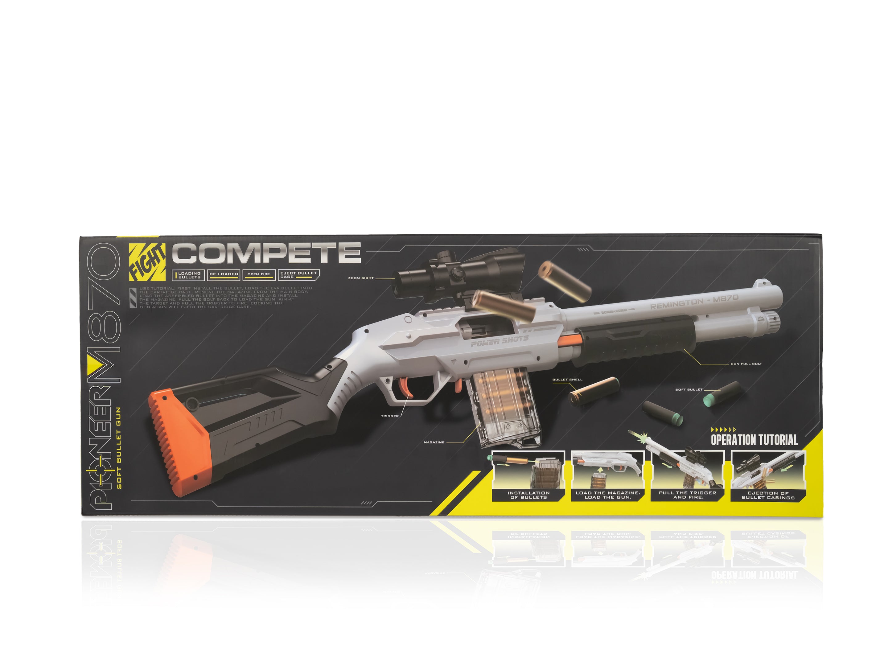 Playzokids Pioneer M870 automatic rifle soft bullet gun, realistic toy with mechanical features, suitable for children’s play. Main image