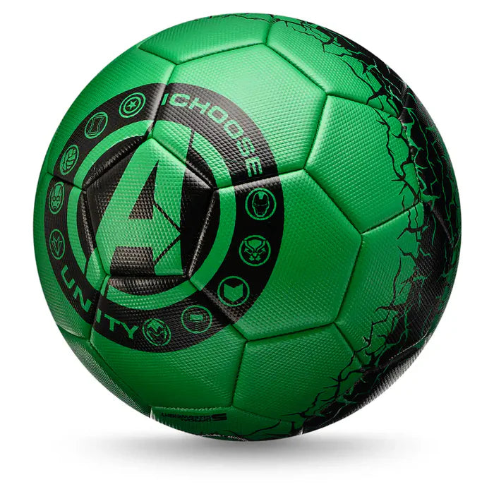 Green MARVEL Hulk football with Marvel logo, featuring Hulk's muscular arm design and vibrant colors.