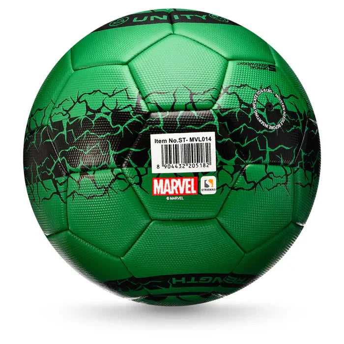 Green Marvel Hulk football with bold black and white detailing, featuring Hulk's muscular arm and iconic logo on the surface.