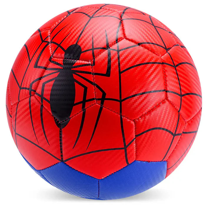 Marvel Spider-Man football with carbon fiber design, featuring Spider-Man logo and vibrant red and blue colors.