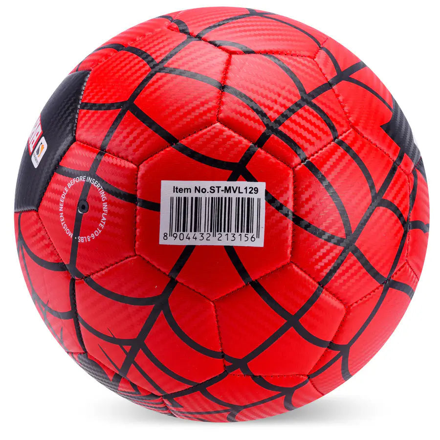 Close-up of a Marvel Spider-Man carbon fiber emblem with detailed black and red design on a smooth surface.