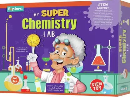 Explore MY SUPER CHEMISTRY LAB toy set with colorful lab equipment and safety gear for kids' science experiments.