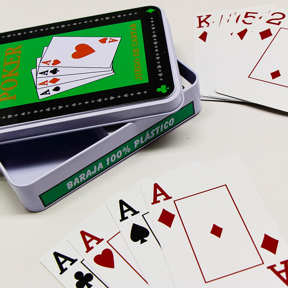 Jocar poker set in a double metal box with playing cards and chips, ideal for fun card games and entertainment.