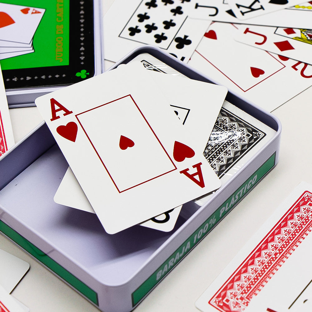 Jocar poker set in a double metal box with playing cards and chips, ideal for family and friendly poker games.