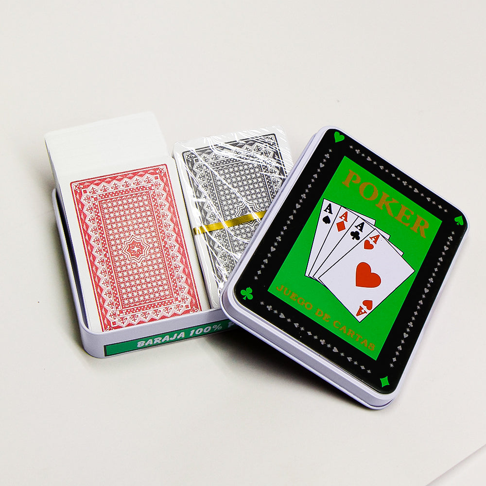Jocar poker set with double metal box, includes playing cards and chips, ideal for family and casual card games.