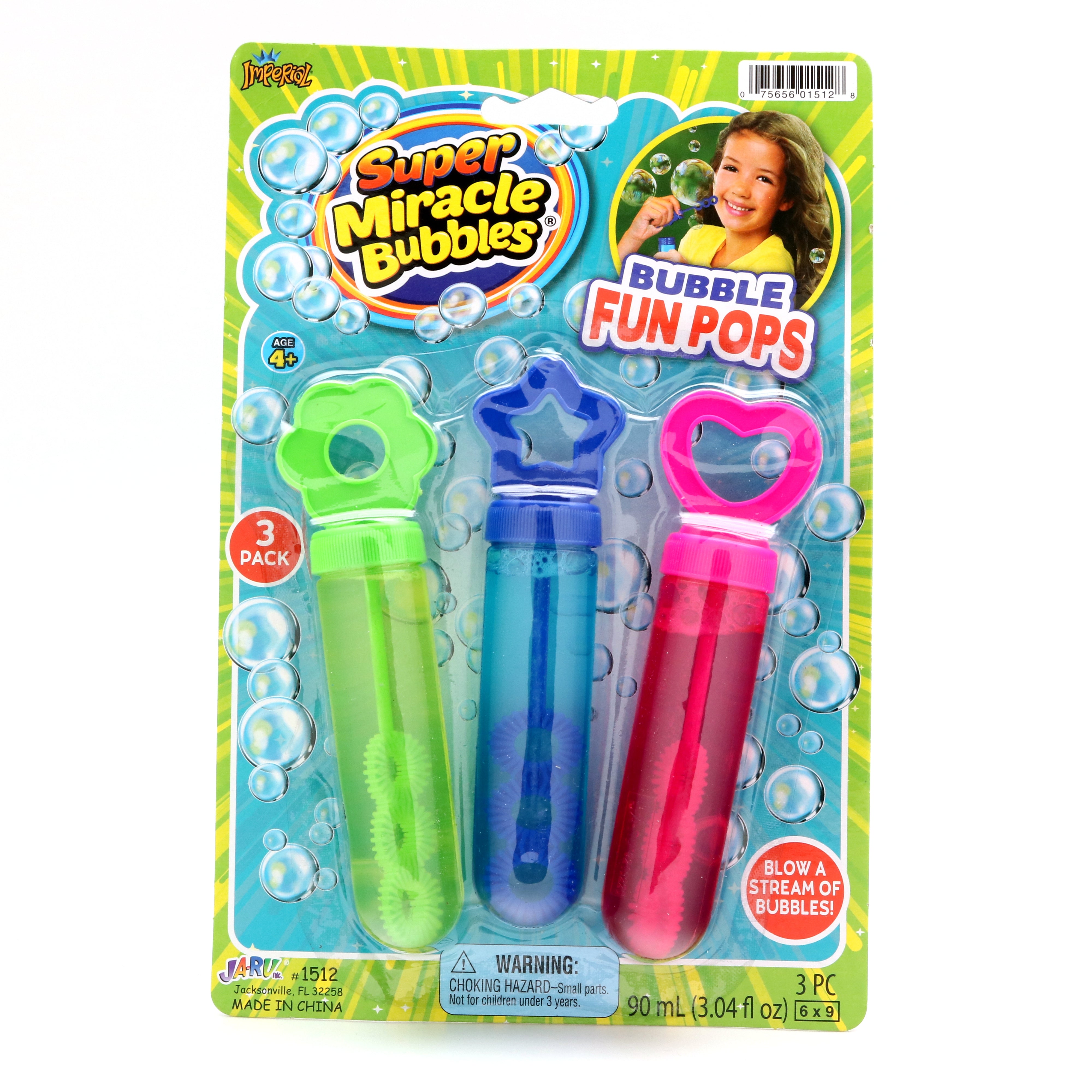 JARU Super Miracle Bubbles Fun Pops toy with colorful bubble solution and playful packaging, designed for kids' outdoor fun. Main image