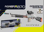 Playzokids Pioneer M870 automatic rifle with soft bullets, featuring realistic mechanical details and a sleek design.
